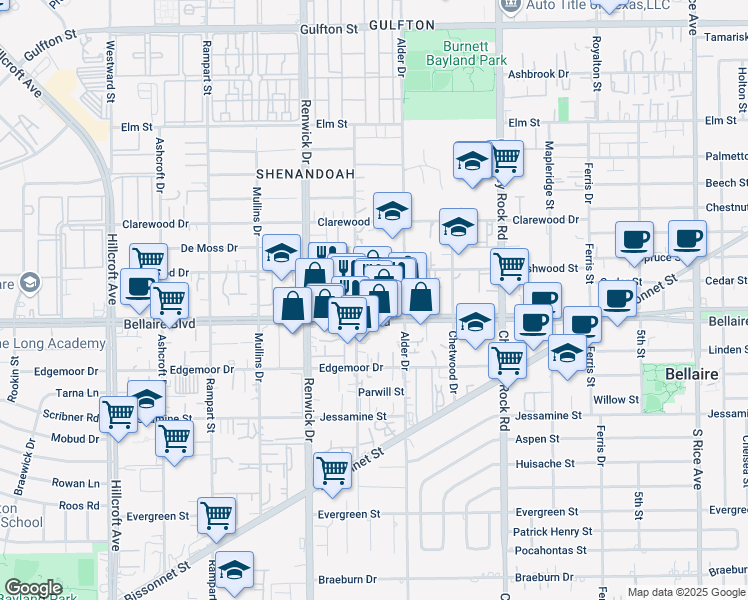 map of restaurants, bars, coffee shops, grocery stores, and more near 5800 Bellaire Boulevard in Houston