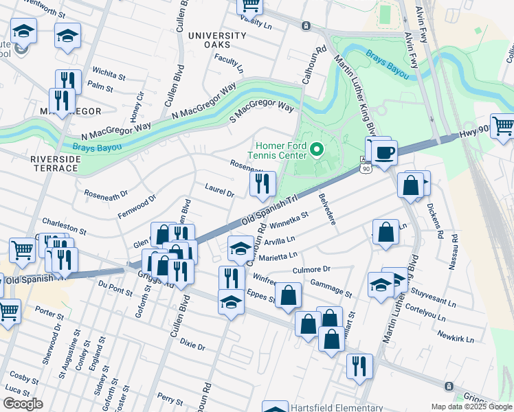 map of restaurants, bars, coffee shops, grocery stores, and more near 4525 Old Spanish Trail in Houston