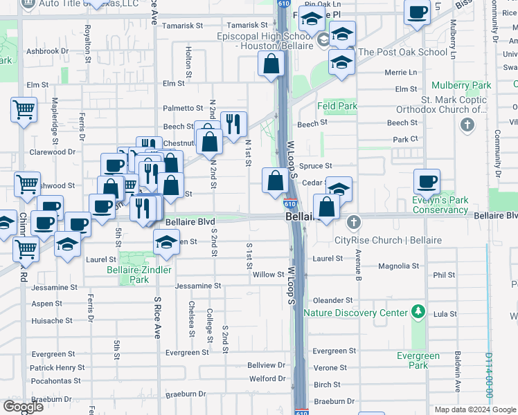 map of restaurants, bars, coffee shops, grocery stores, and more near 4710 Bellaire Boulevard in Bellaire