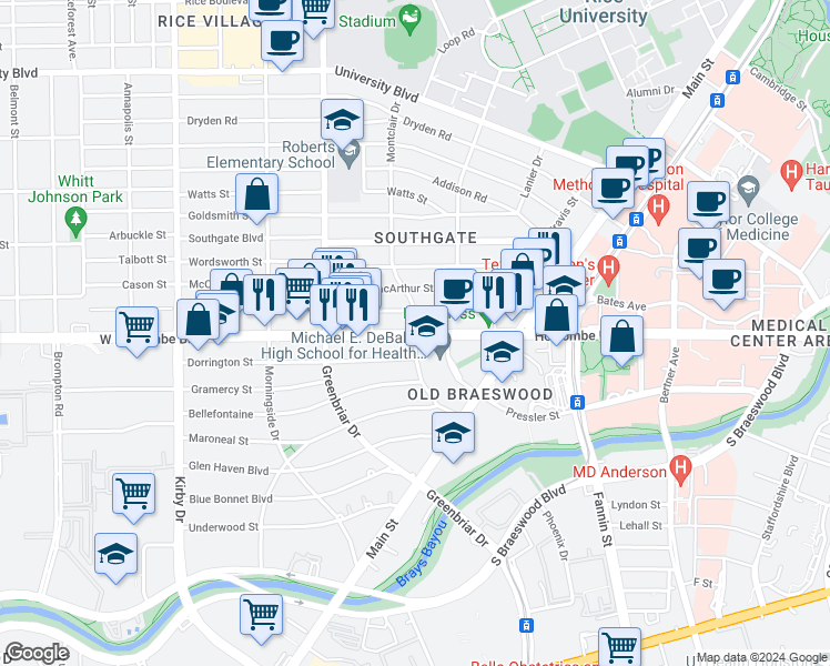 map of restaurants, bars, coffee shops, grocery stores, and more near W Holcombe Blvd & Montclair Dr in Houston