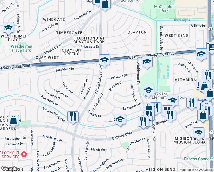 map of restaurants, bars, coffee shops, grocery stores, and more near 6627 La Granada Drive in Houston