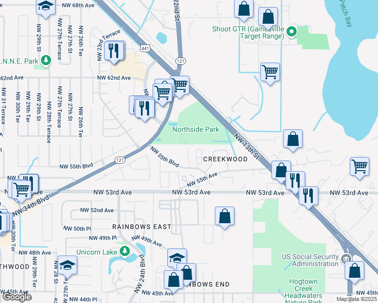 map of restaurants, bars, coffee shops, grocery stores, and more near 2160 Northwest 55th Boulevard in Gainesville