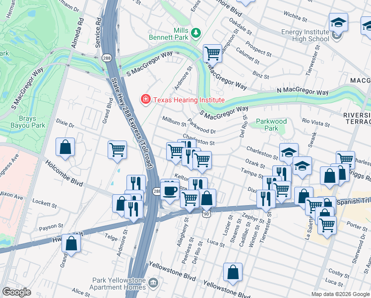 map of restaurants, bars, coffee shops, grocery stores, and more near 3324 Ozark Street in Houston