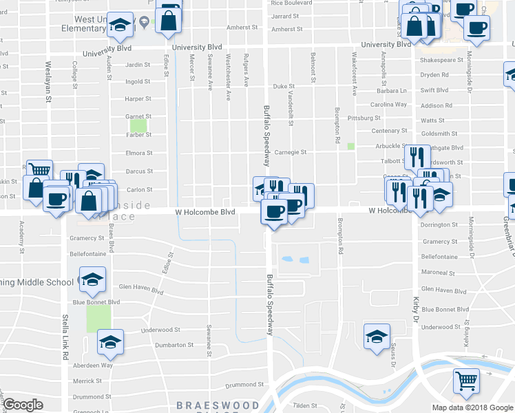 map of restaurants, bars, coffee shops, grocery stores, and more near 3251-3349 West Holcombe Boulevard in Houston