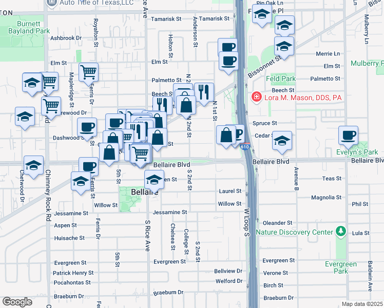 map of restaurants, bars, coffee shops, grocery stores, and more near 4900 Bellaire Boulevard in Bellaire