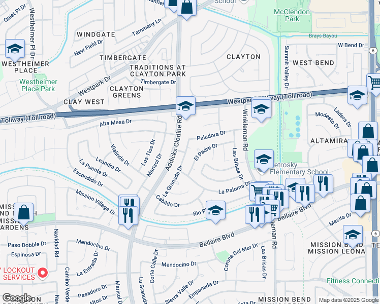 map of restaurants, bars, coffee shops, grocery stores, and more near 6627 La Granada Drive in Houston