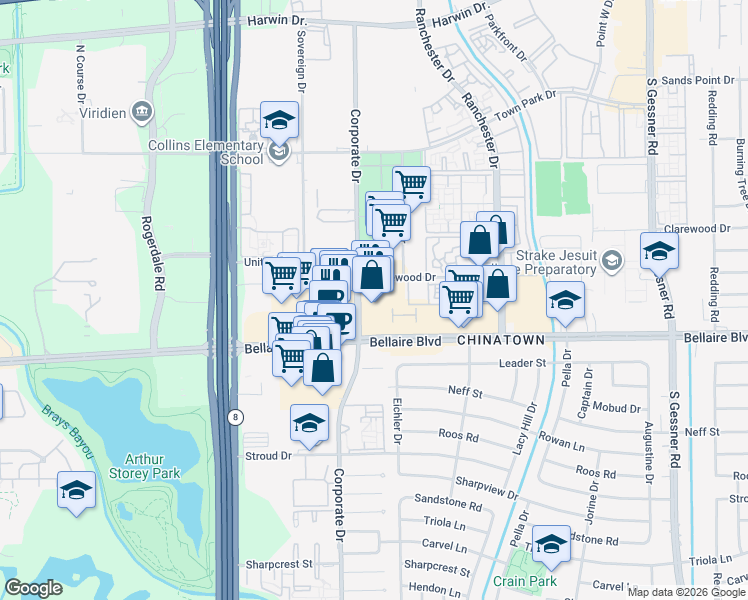 map of restaurants, bars, coffee shops, grocery stores, and more near 9600 Bellaire Boulevard in Houston
