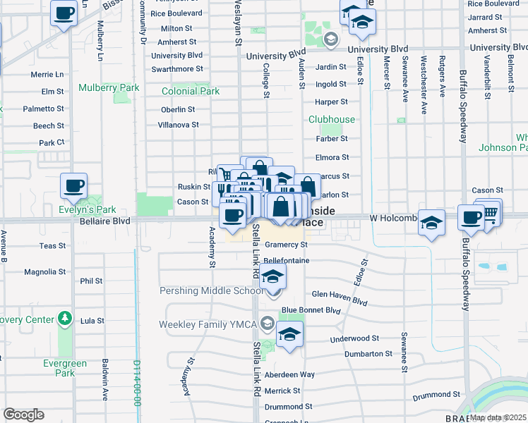 map of restaurants, bars, coffee shops, grocery stores, and more near 3876 Bellaire Boulevard in Houston