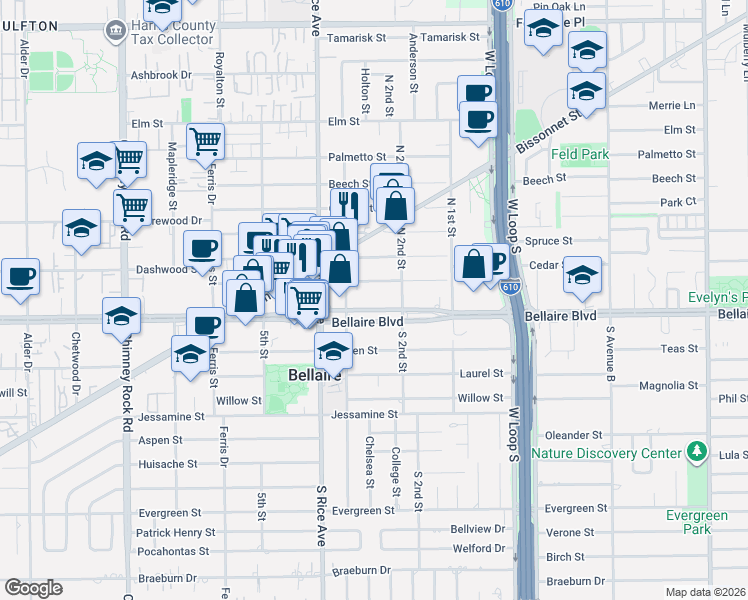 map of restaurants, bars, coffee shops, grocery stores, and more near 4918 Bellaire Boulevard in Bellaire