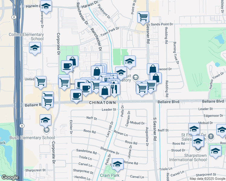 map of restaurants, bars, coffee shops, grocery stores, and more near 9108 Bellaire Blvd in Houston
