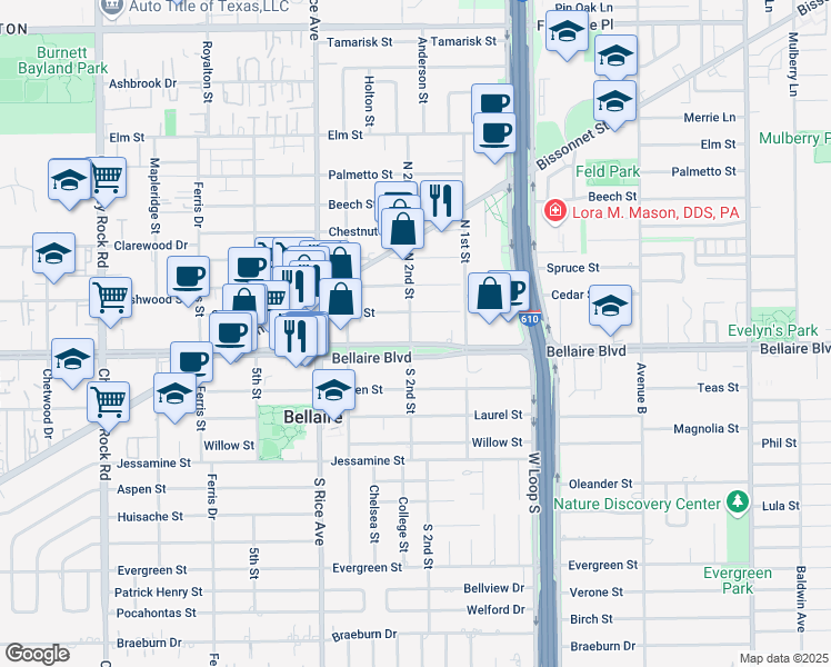 map of restaurants, bars, coffee shops, grocery stores, and more near 4900 Bellaire Boulevard in Bellaire
