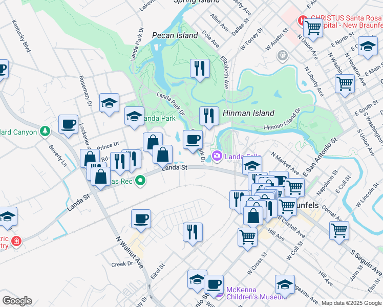 map of restaurants, bars, coffee shops, grocery stores, and more near in New Braunfels