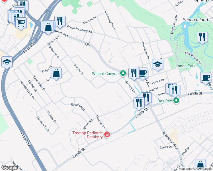 map of restaurants, bars, coffee shops, grocery stores, and more near 617 Encino Drive in New Braunfels