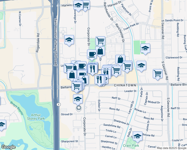 map of restaurants, bars, coffee shops, grocery stores, and more near 9600 Bellaire Boulevard in Houston