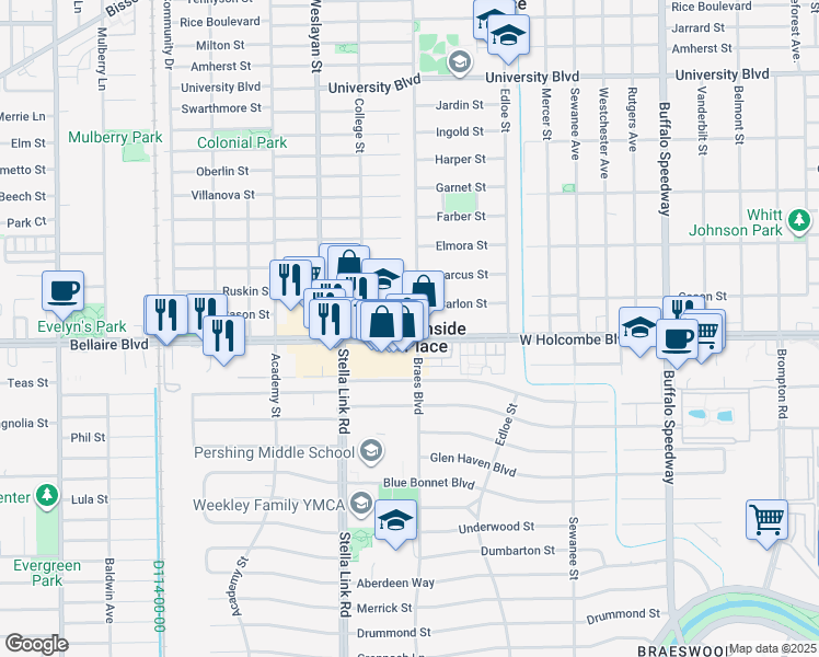 map of restaurants, bars, coffee shops, grocery stores, and more near in Southside Place