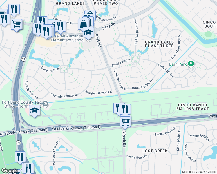 map of restaurants, bars, coffee shops, grocery stores, and more near 6235 Misty Terrace Court in Katy