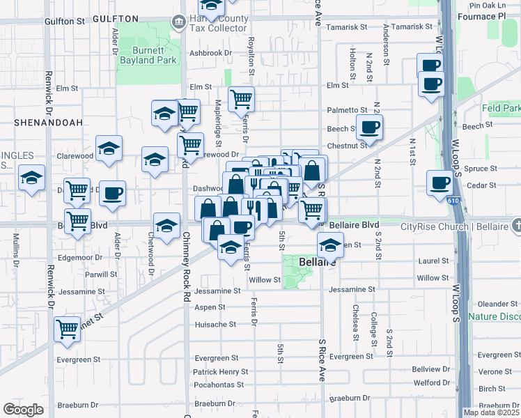 map of restaurants, bars, coffee shops, grocery stores, and more near in Bellaire
