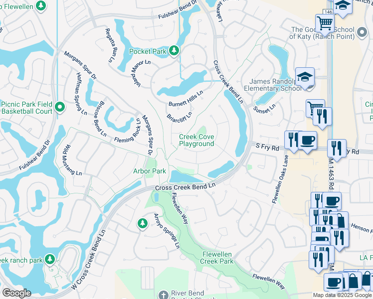 map of restaurants, bars, coffee shops, grocery stores, and more near 5815 Mustang Ridge Lane in Katy