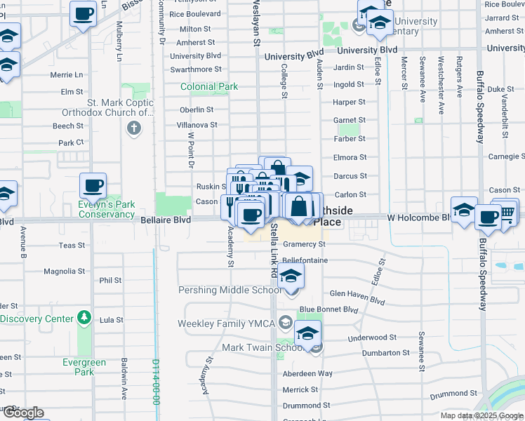 map of restaurants, bars, coffee shops, grocery stores, and more near in West University Place