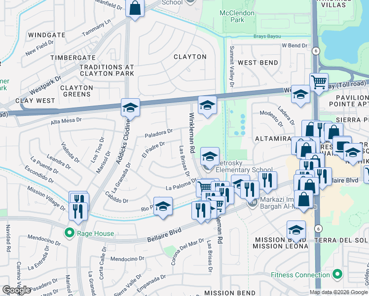 map of restaurants, bars, coffee shops, grocery stores, and more near 6518 Winkleman Road in Houston