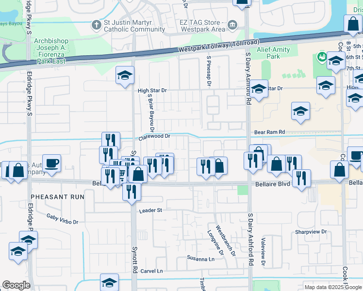 map of restaurants, bars, coffee shops, grocery stores, and more near 6616 Westwick Drive in Houston