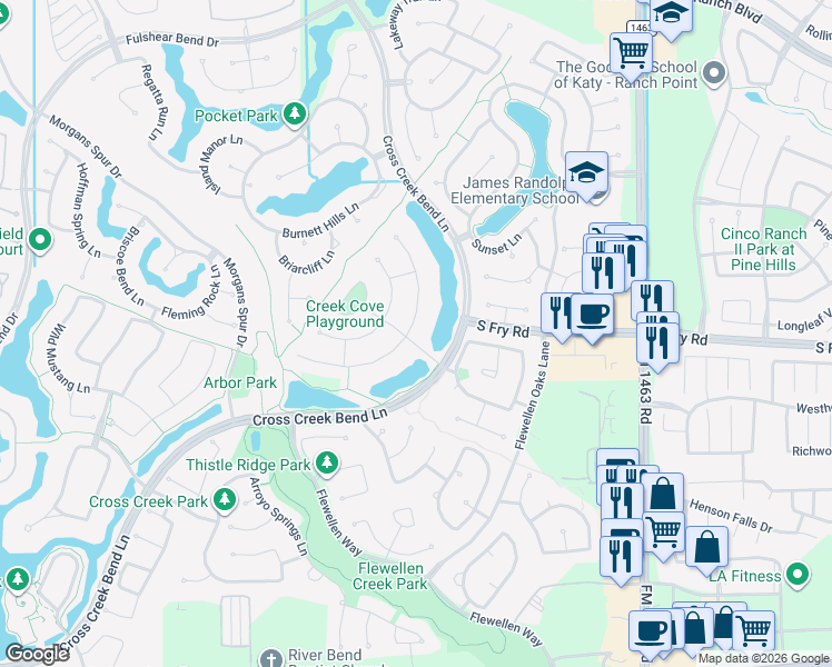 map of restaurants, bars, coffee shops, grocery stores, and more near 5619 Caspian Falls Lane in Fulshear