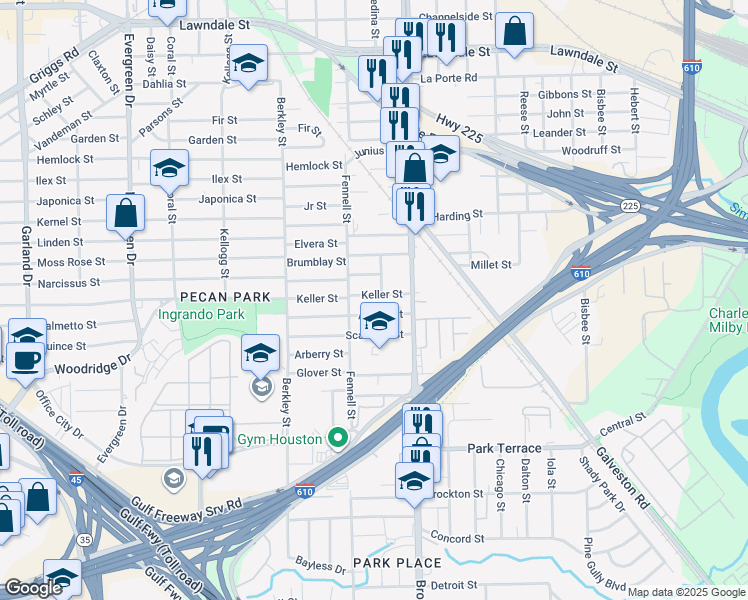map of restaurants, bars, coffee shops, grocery stores, and more near 7919 Adrian Street in Houston
