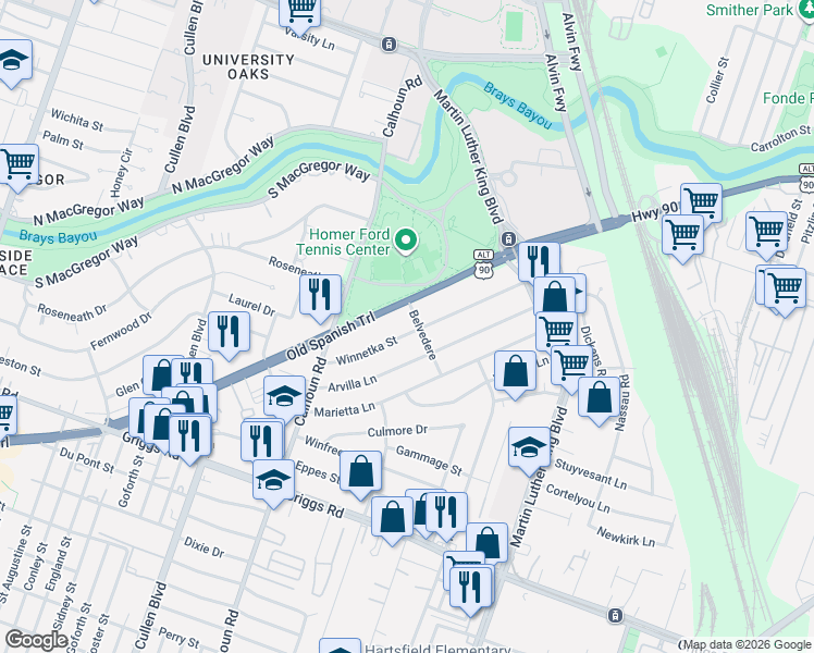 map of restaurants, bars, coffee shops, grocery stores, and more near 4838 Winnetka Street in Houston