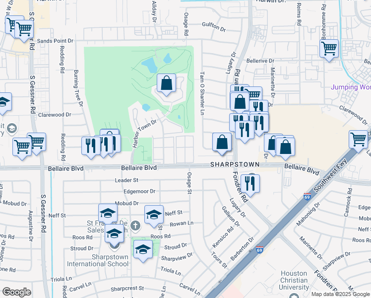 map of restaurants, bars, coffee shops, grocery stores, and more near 7910 Bellaire Boulevard in Houston