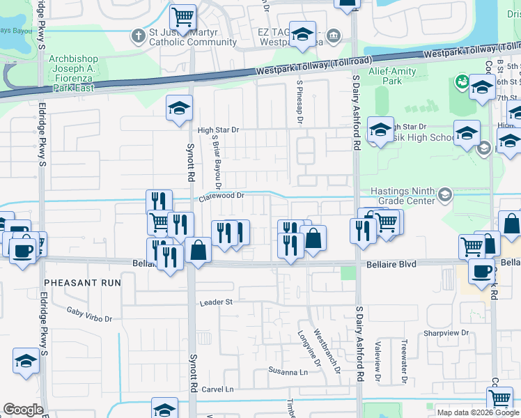 map of restaurants, bars, coffee shops, grocery stores, and more near 6616 Westwick Drive in Houston