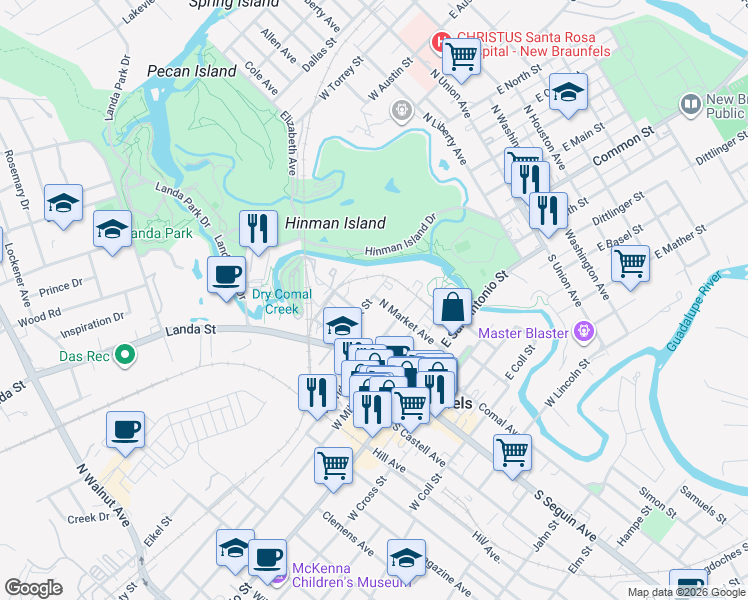 map of restaurants, bars, coffee shops, grocery stores, and more near 341 North Market Avenue in New Braunfels