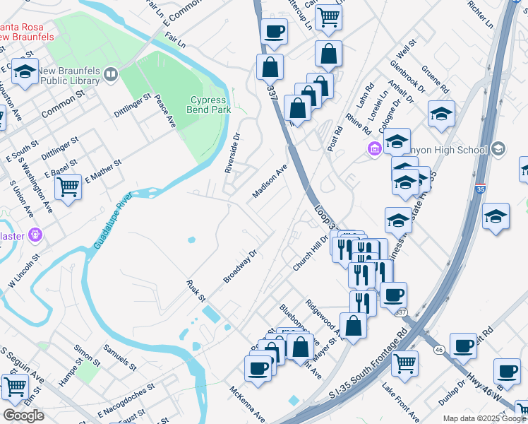 map of restaurants, bars, coffee shops, grocery stores, and more near 805 Manhattan in New Braunfels