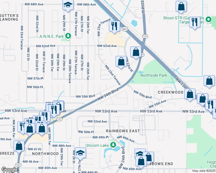 map of restaurants, bars, coffee shops, grocery stores, and more near 2500 Northwest 55th Boulevard in Gainesville