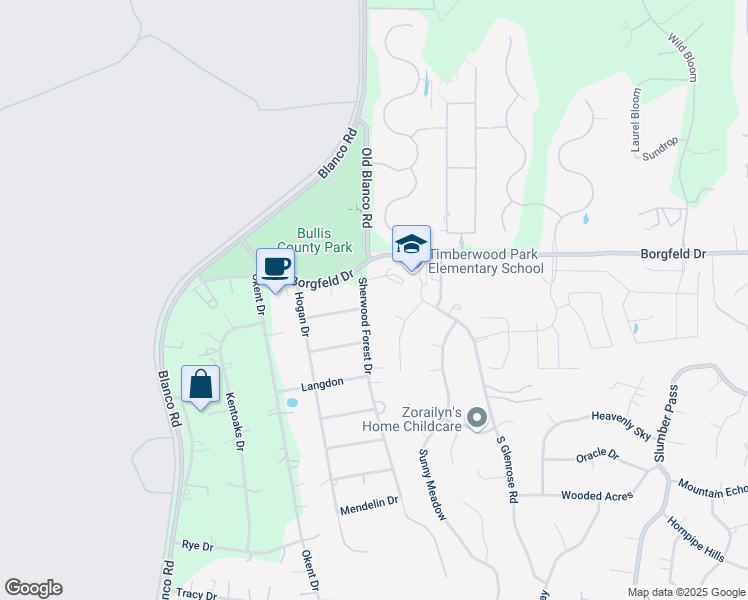 map of restaurants, bars, coffee shops, grocery stores, and more near 27418 Sherwood Forest Drive in San Antonio