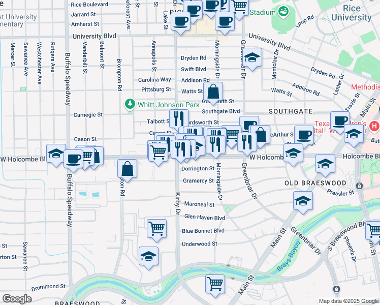 map of restaurants, bars, coffee shops, grocery stores, and more near 2518 West Holcombe Boulevard in Houston