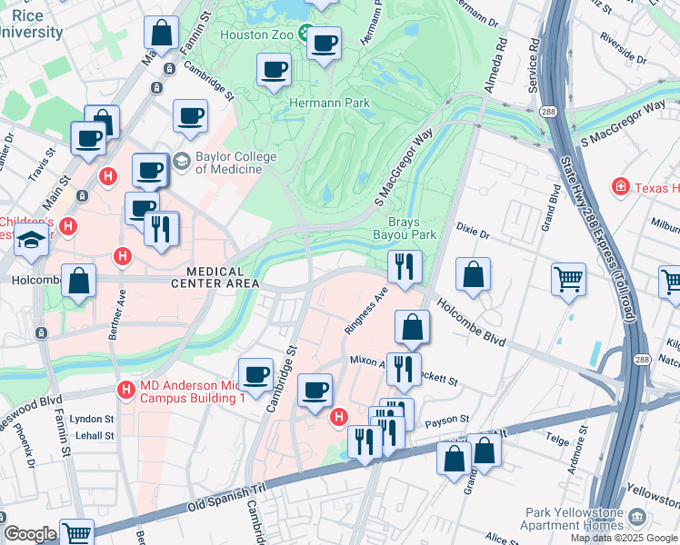 map of restaurants, bars, coffee shops, grocery stores, and more near 2084 Holcombe Boulevard in Houston