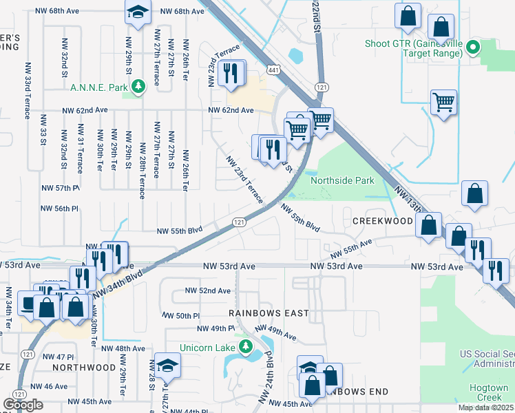 map of restaurants, bars, coffee shops, grocery stores, and more near 2356 Northwest 54th Boulevard in Gainesville