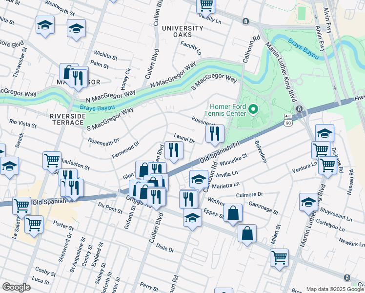 map of restaurants, bars, coffee shops, grocery stores, and more near 4323 Alconbury Lane in Houston