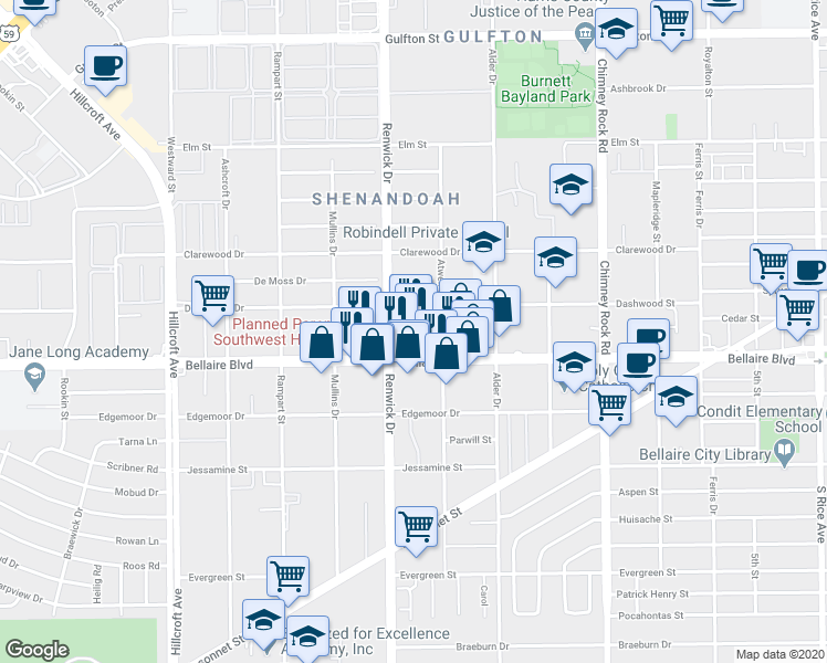 map of restaurants, bars, coffee shops, grocery stores, and more near 5800 Bellaire Boulevard in Houston