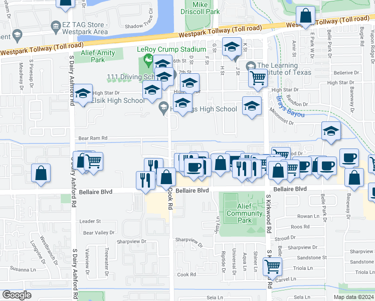 map of restaurants, bars, coffee shops, grocery stores, and more near 4545 Cook Road in Houston