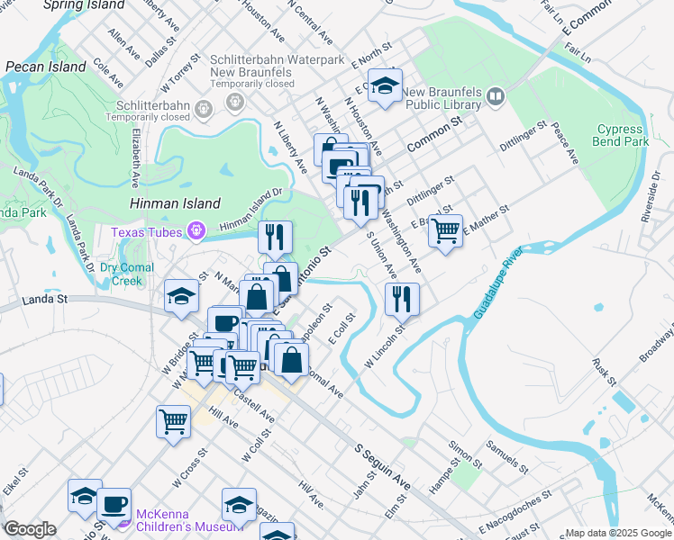map of restaurants, bars, coffee shops, grocery stores, and more near 588 South Union Avenue in New Braunfels