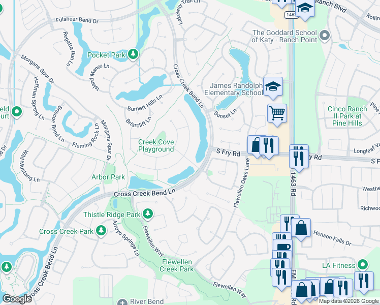 map of restaurants, bars, coffee shops, grocery stores, and more near 5619 Caspian Falls Lane in Fulshear