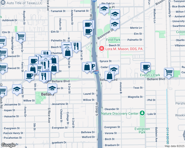 map of restaurants, bars, coffee shops, grocery stores, and more near 5950 West Loop South in Bellaire