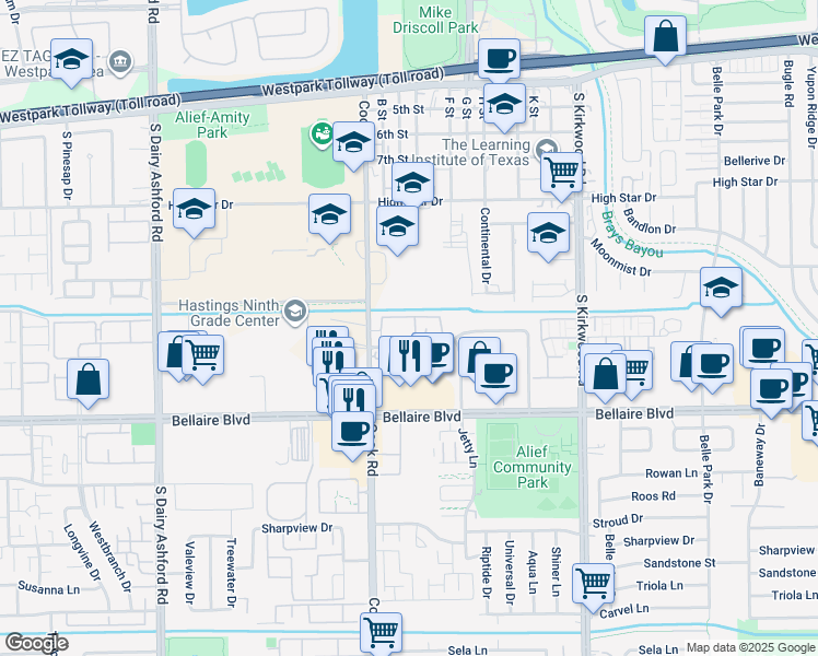 map of restaurants, bars, coffee shops, grocery stores, and more near 4545 Cook Road in Houston
