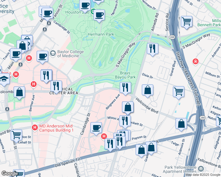 map of restaurants, bars, coffee shops, grocery stores, and more near 2084 Holcombe Boulevard in Houston