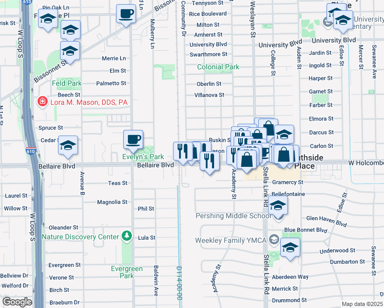 map of restaurants, bars, coffee shops, grocery stores, and more near 4215 Bellaire Boulevard in Houston