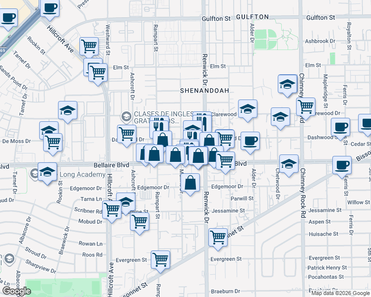 map of restaurants, bars, coffee shops, grocery stores, and more near 6712 Mullins Drive in Houston