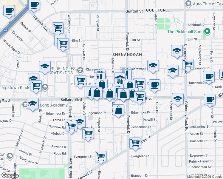 map of restaurants, bars, coffee shops, grocery stores, and more near 6712 Mullins Drive in Houston