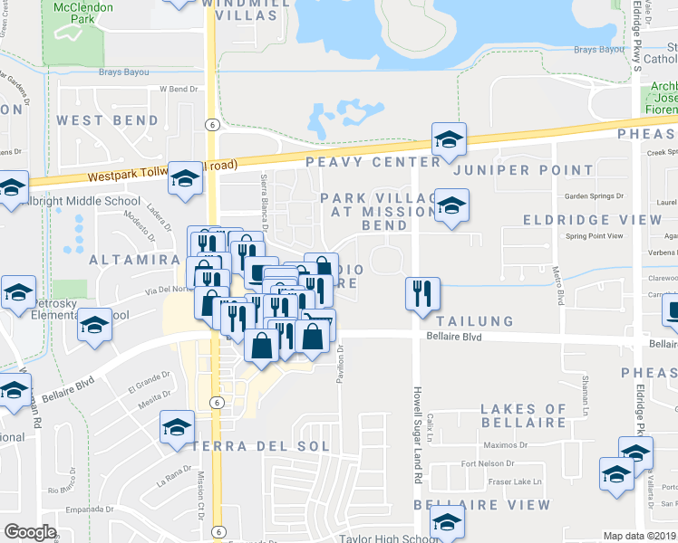 map of restaurants, bars, coffee shops, grocery stores, and more near 14405 Rio Bonito Road in Houston
