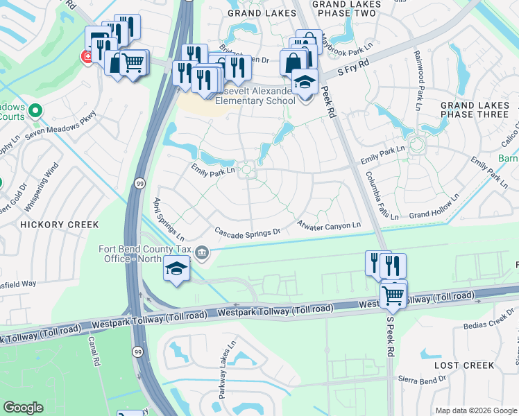 map of restaurants, bars, coffee shops, grocery stores, and more near 22503 Tullis Trail Court in Katy
